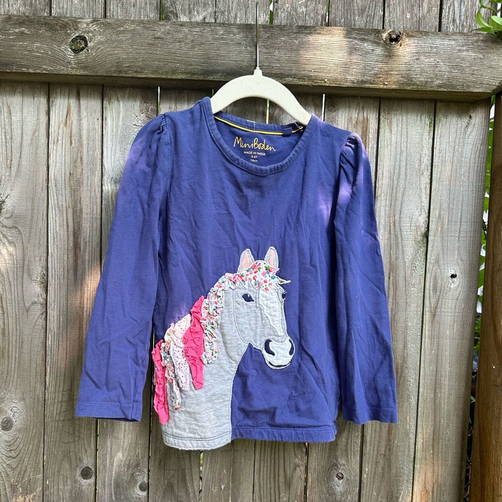 Mini Boden Appliquéd Horse LS Shirt Sz 5-6Y GUC 5T